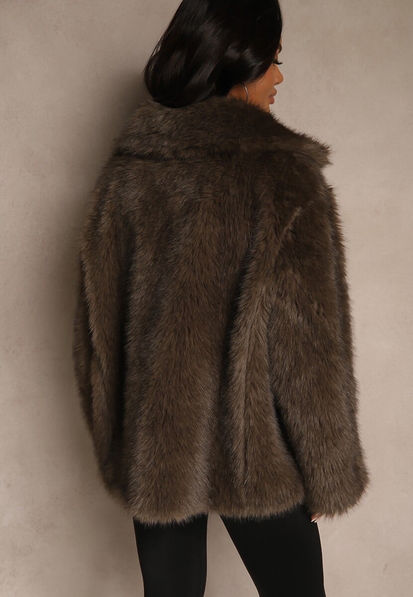 Brązowa Oversizowa Kurtka Futerko o Dwurzędowym Kroju Asonella