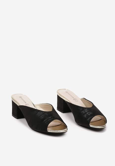 Czarne Eleganckie Klapki na Słupku Wykończone Brokatem i Skórzaną Wkładką Zonemia