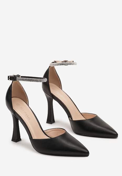 Czarne Szpilki Klepsydrowe z Paskiem Ozdobionym Cyrkoniami Keramla