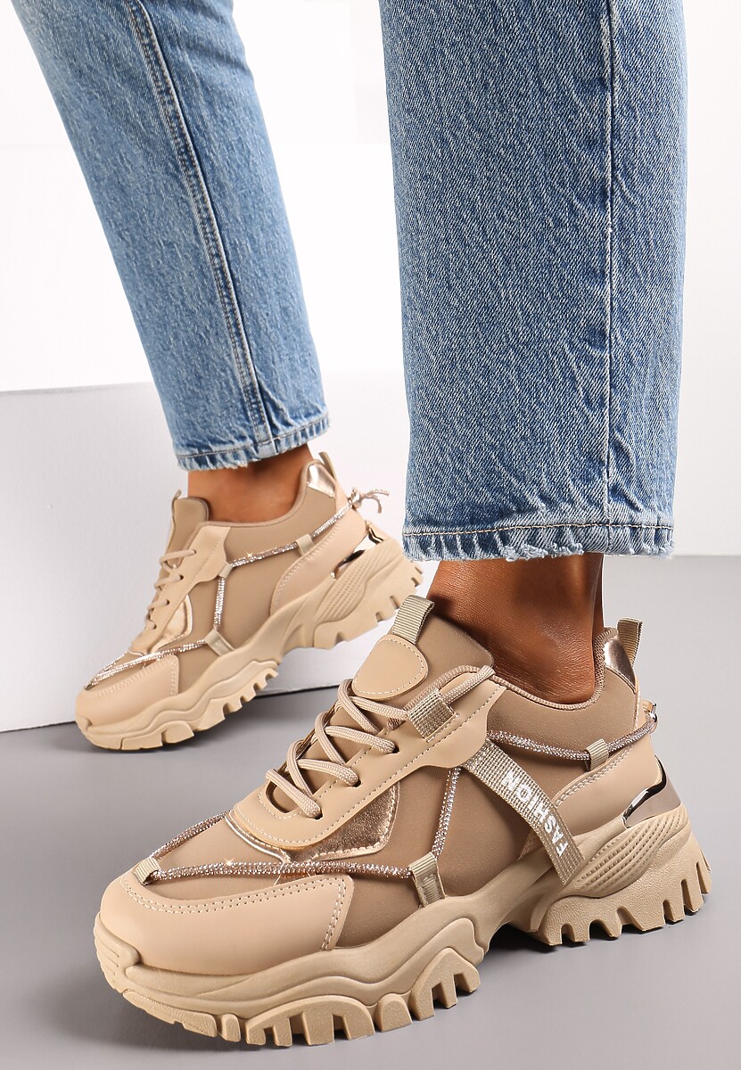 Ciemnobeżowe Sznurowane Sneakersy z Ozdobnym Paskiem i Metalicznymi Wstawkami Asterella