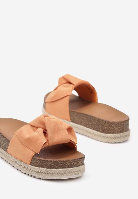 Pomarańczowe Klapki na Platformie z Korkową Wstawką i Ozdobną Kokardą Hatia