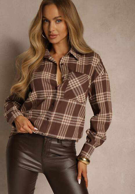 Brązowa Koszula z Bawełny Ozdobiona Kratą Monitela