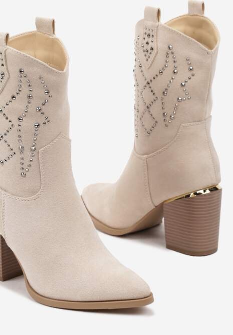 Beżowe Botki na Słupku w Stylu Kowbojek Irilianne