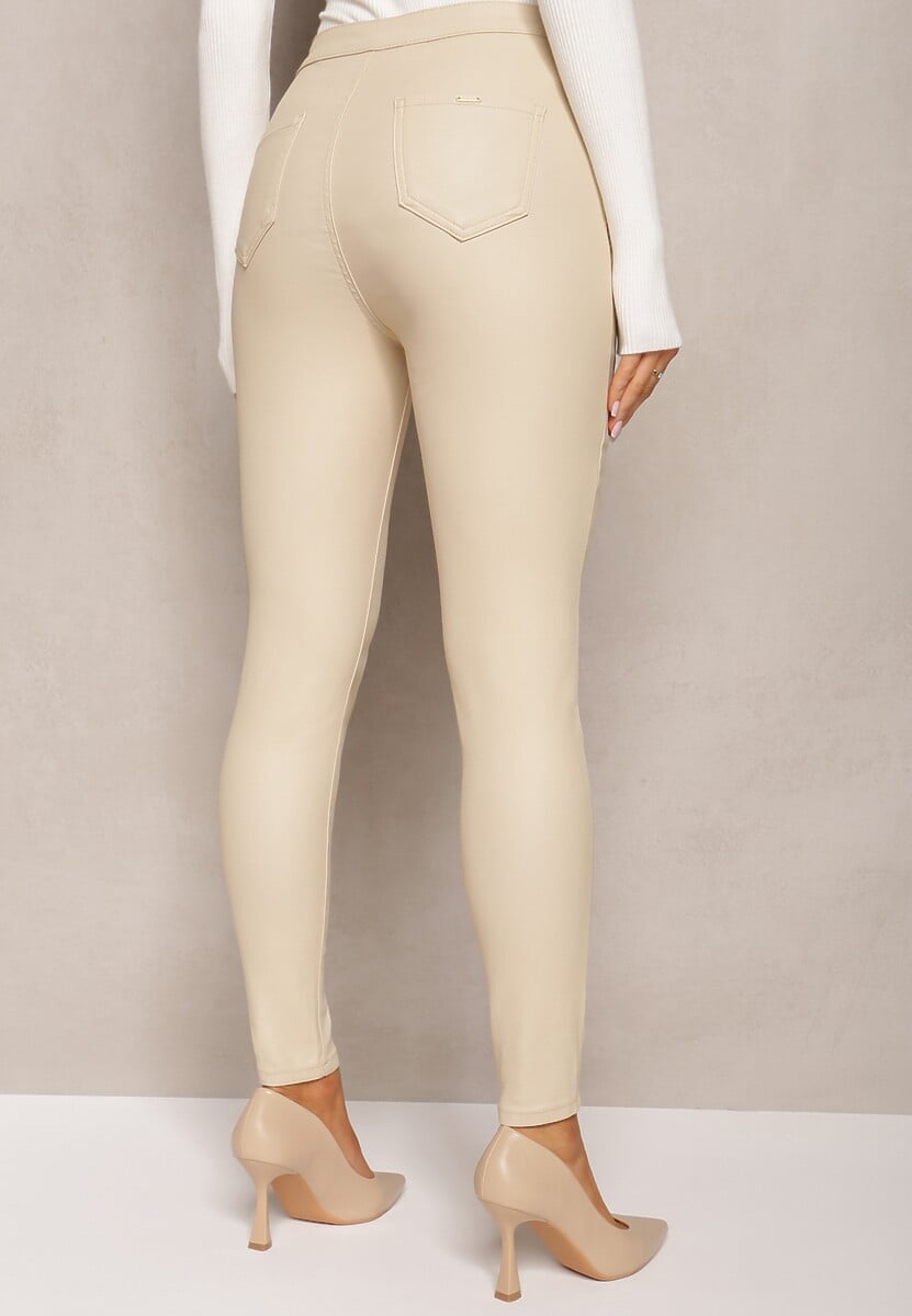 Jasnobeżowe Spodnie z Ekoskóry o Fasonie Skinny Sonowa