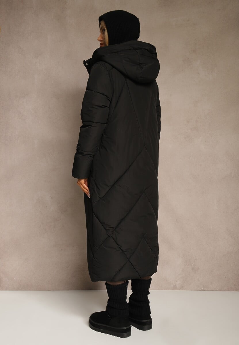 Czarna Pudełkowa Kurtka o Długim Kroju z Pikowanymi Przeszyciami Kapturem i Kieszeniami Calatta