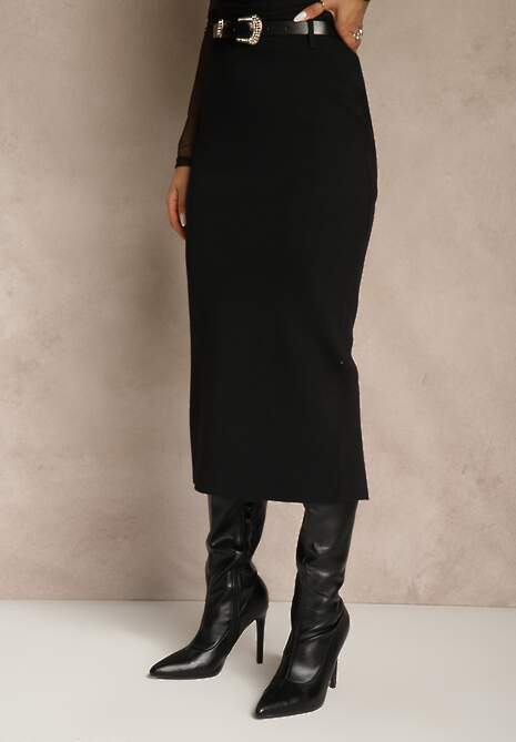 Czarna Spódnica o Ołówkowym Kroju z Wiskozą z Paskiem i Rozcięciem Saweda