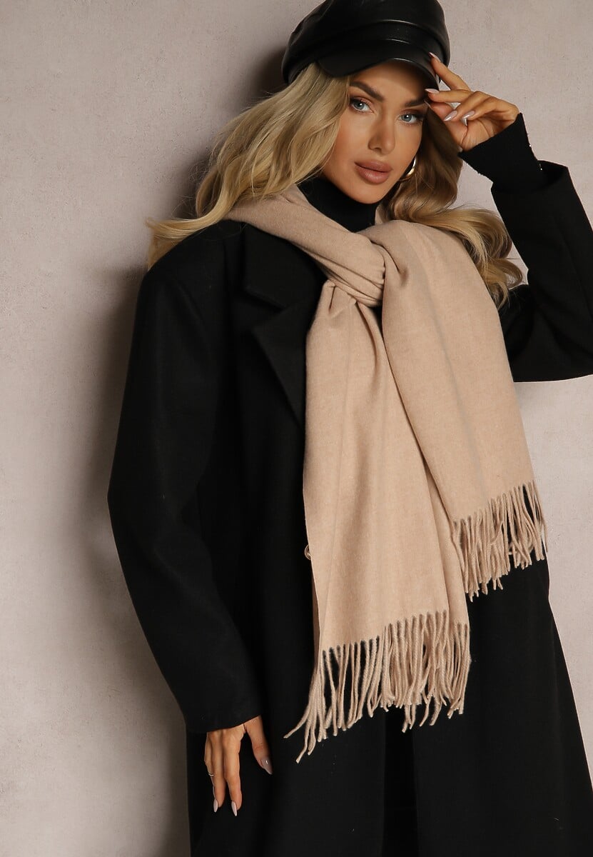 Beżowy Szalik z Wiskozą Bawełną i Frędzlami Siathlin