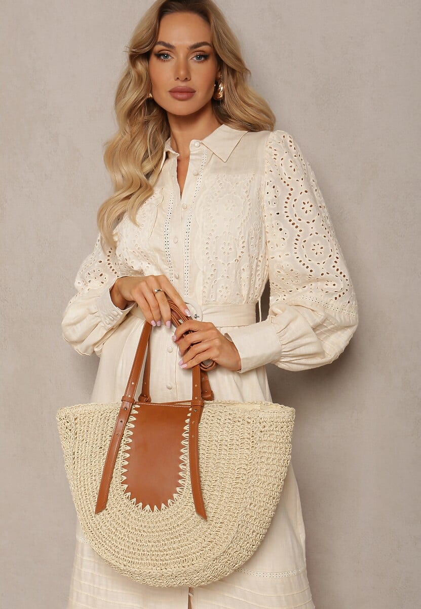 Jasnobeżowa Jednokomorowa Torebka z Plecionej Rafii w Stylu Boho Idarkia