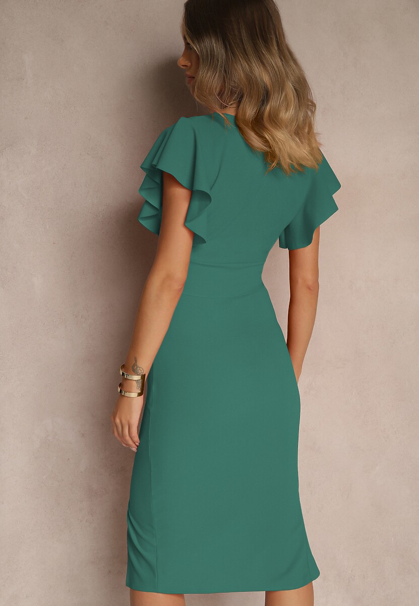 Zielona Kopertowa Sukienka z Trójkątnym Dekoltem i Falbankami Holana