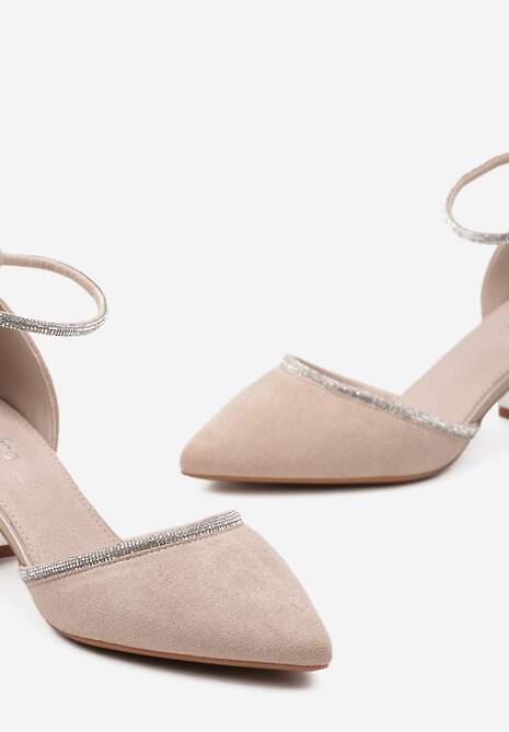 Beżowe Czółenka na Słupku z Metalicznymi Zdobieniami i Sprzączką Radinafe