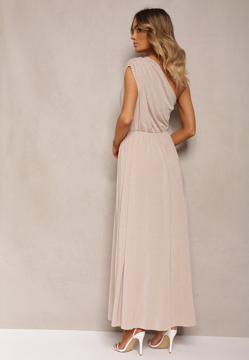 Beżowa Plisowana Sukienka na Jedno Ramię z Gumką w Pasie Nansah