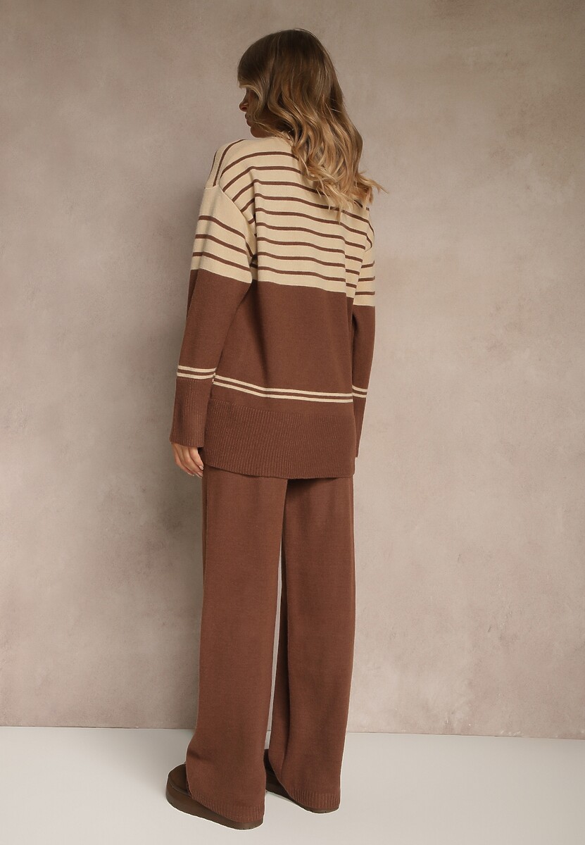 Brązowy Komplet z Dzianiny z Wełną Pasiasty Sweter i Spodnie Ralleia