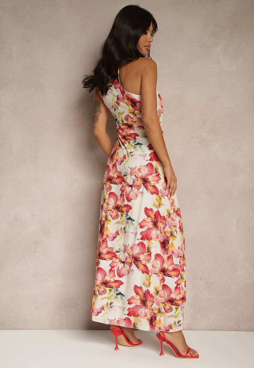 Czerwona Asymetryczna Sukienka z Wiskozy w Kwiaty Linive