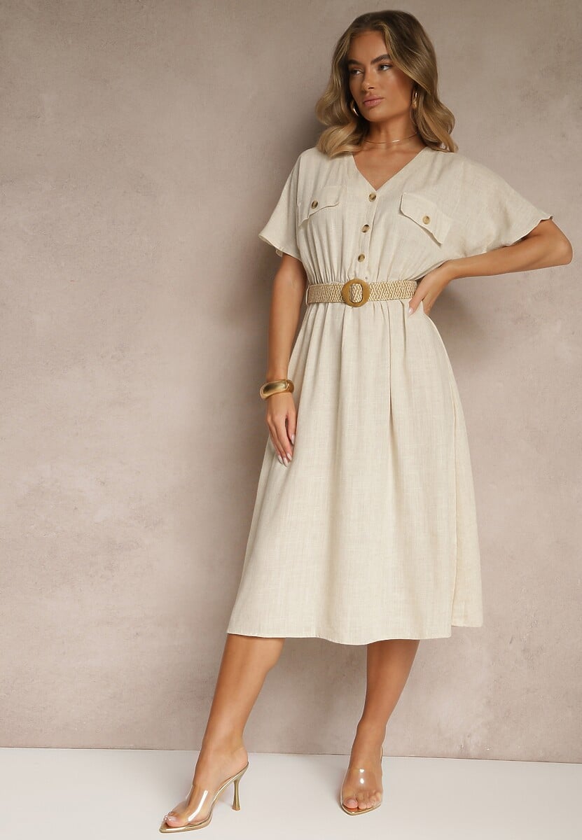 Beżowa Koszulowa Sukienka Midi z Bawełny z Gumką w Talii i Plecionym Paskiem Emera
