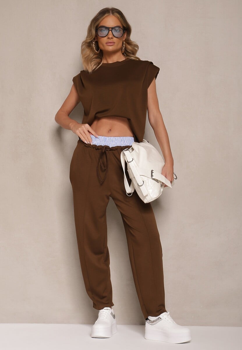 Beżowy Komplet Dresowy z Wiskozą Spodnie z Ozdobnym Ściągaczem i Top Nitunela