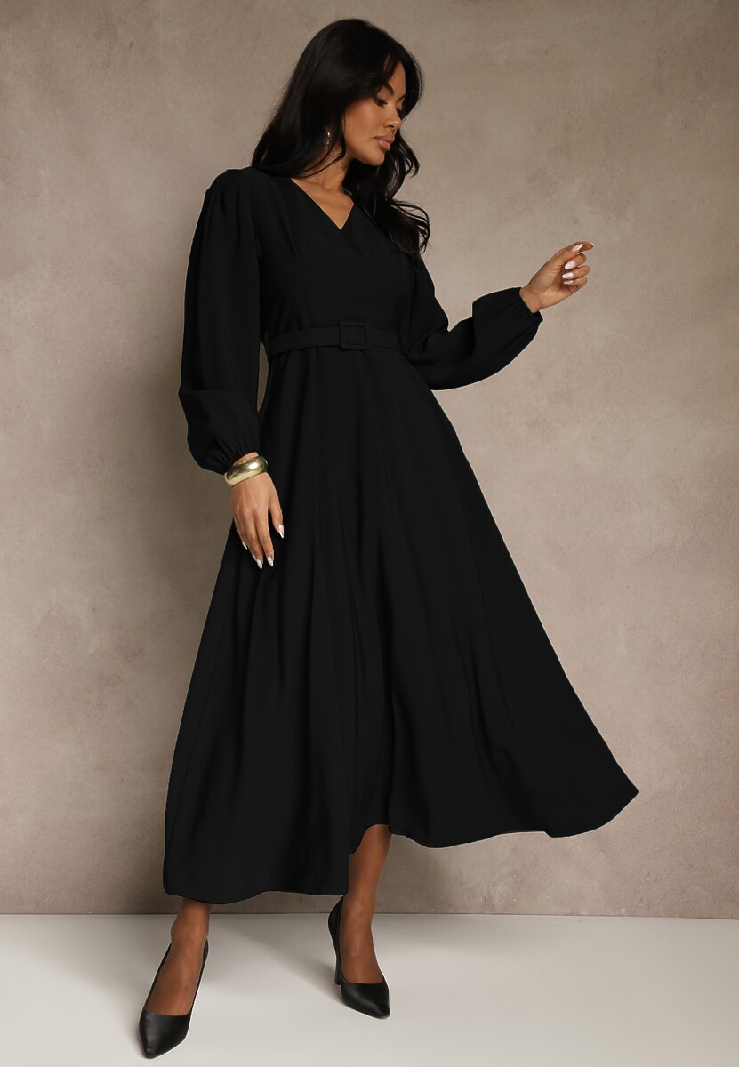 Brązowa Rozkloszowana Sukienka z Wiskozy z Paskiem ze Sprzączką Orille