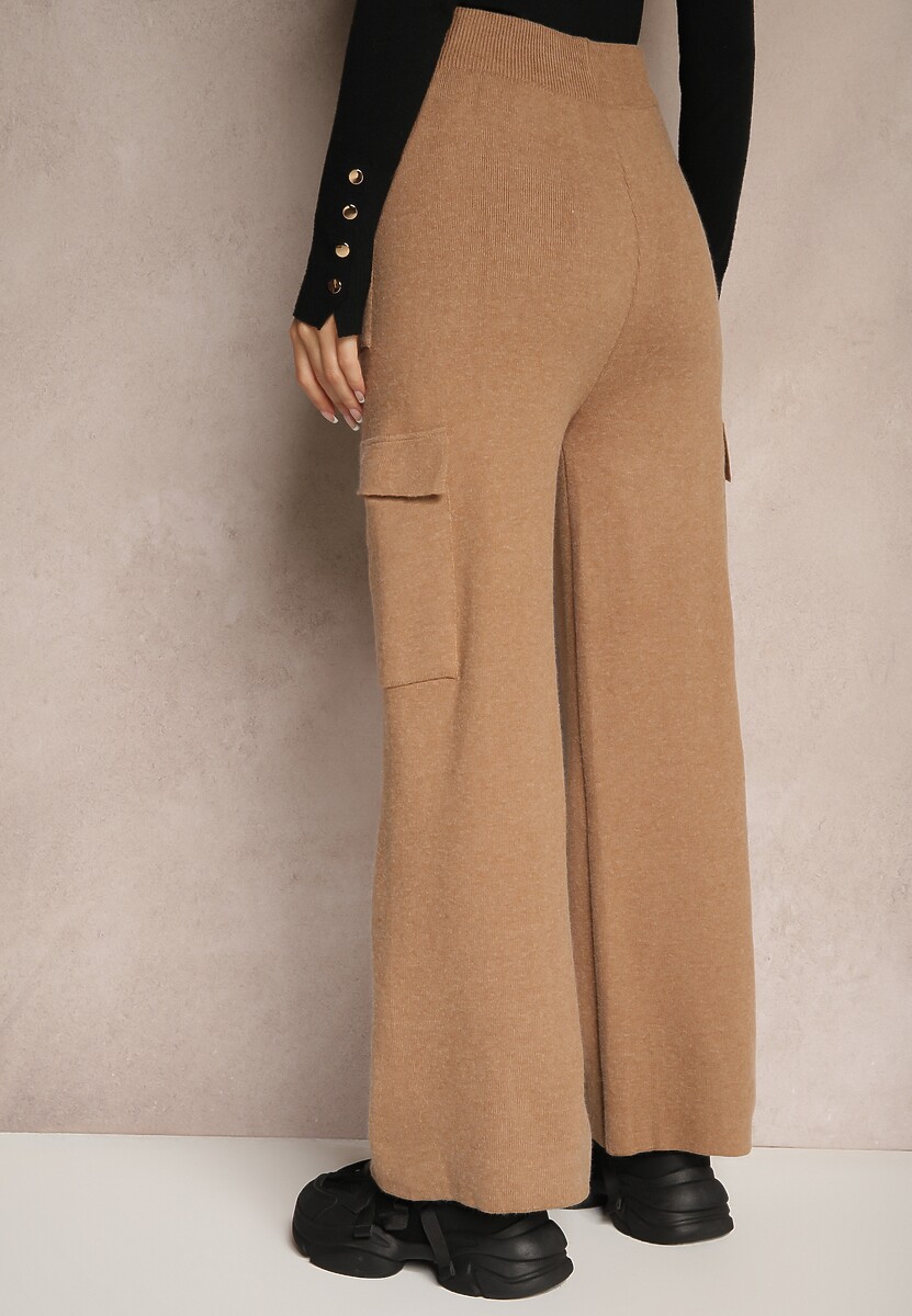 Ciemnobeżowe Szerokie Spodnie Dzianinowe z Gumką w Pasie i Kieszeniami Emithlera