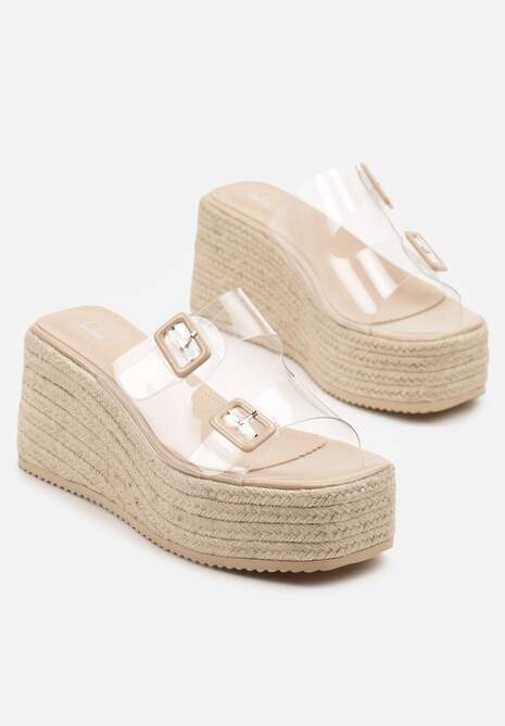 Beżowe Klapki na Koturnie z Plecionką i Transparentnymi Paskami i Klamrami Lunitielle