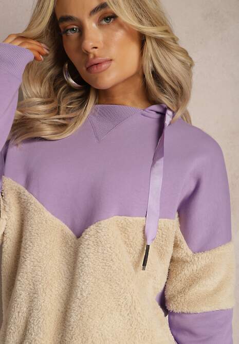 Jasnofioletowa Bawełniana Bluza z Kapturem ze Ściągaczami i Polarem Eurynia