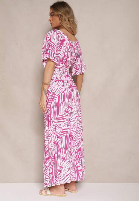 Różowa Sukienka z Bawełny o Rozkloszowanym Kroju z Motywem Liści Aluielle