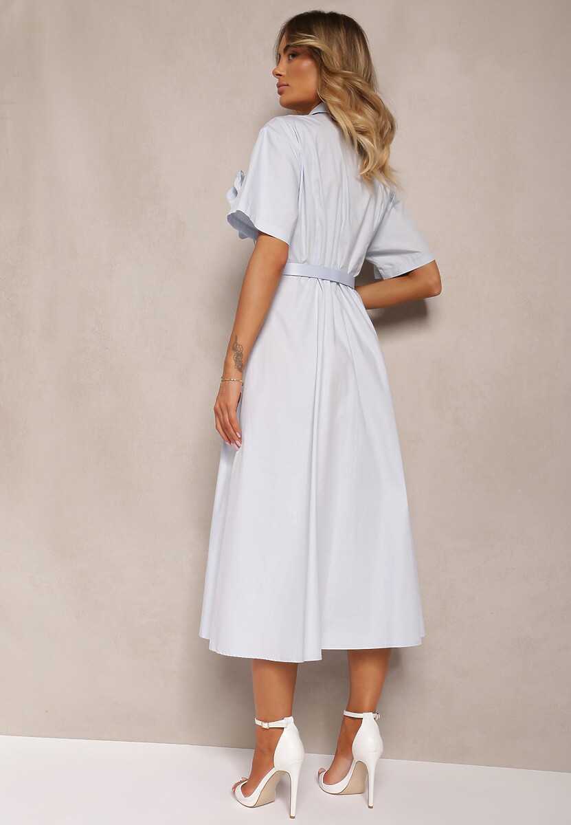 Jasnoniebieska Rozkloszowana Sukienka z Bawełny z Kwiatami na Rękawach i Paskiem w Talii Andronea