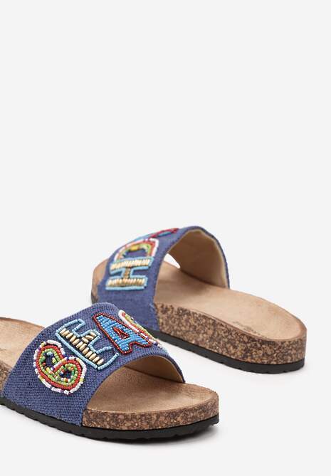 Niebieskie Klapki na Płaskiej Korkowej Podeszwie z Ozdobnym Napisem Cedemia