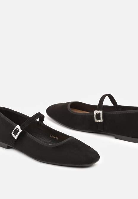 Czarne Balerinki z Imitacji Zamszu z Kwadratowym Noskiem i Zapięciem na Sprzączkę Ivaleria