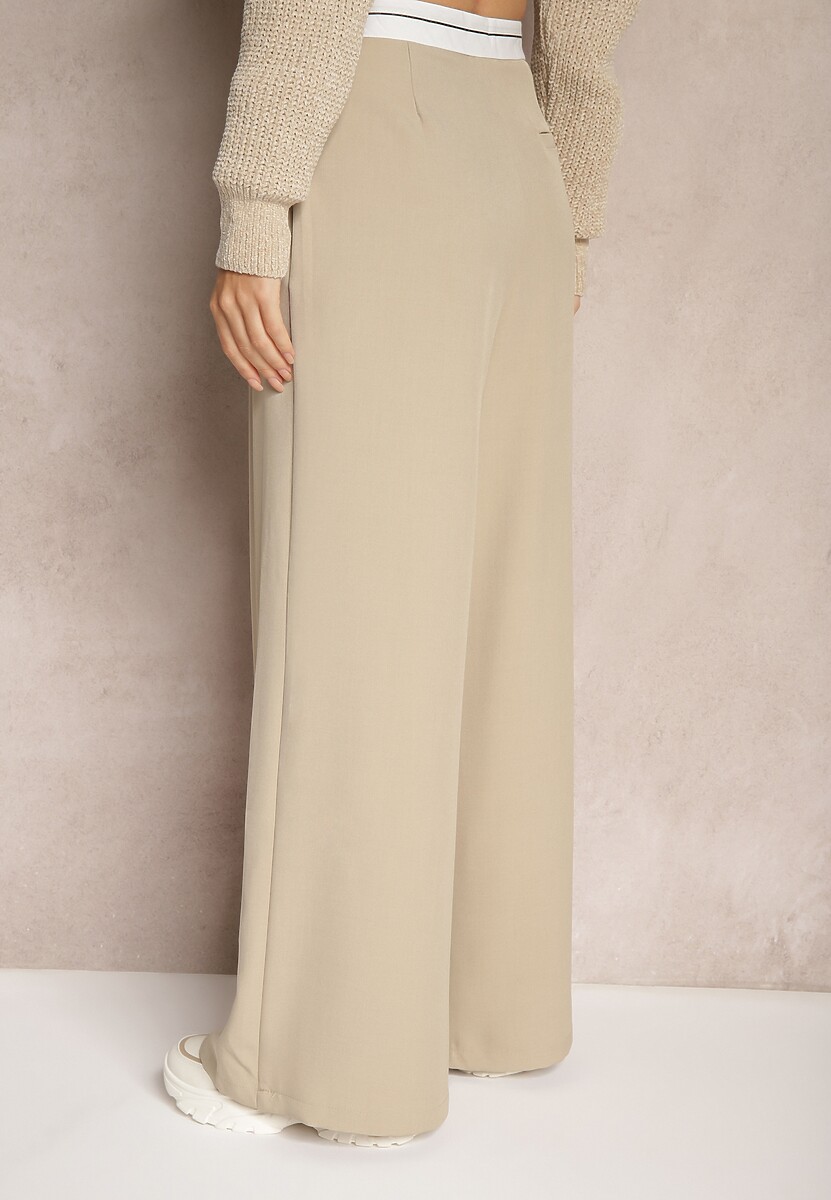 Beżowe Spodnie z Wiskozy Palazzo High Waist Zapinane na Suwak Nellieva