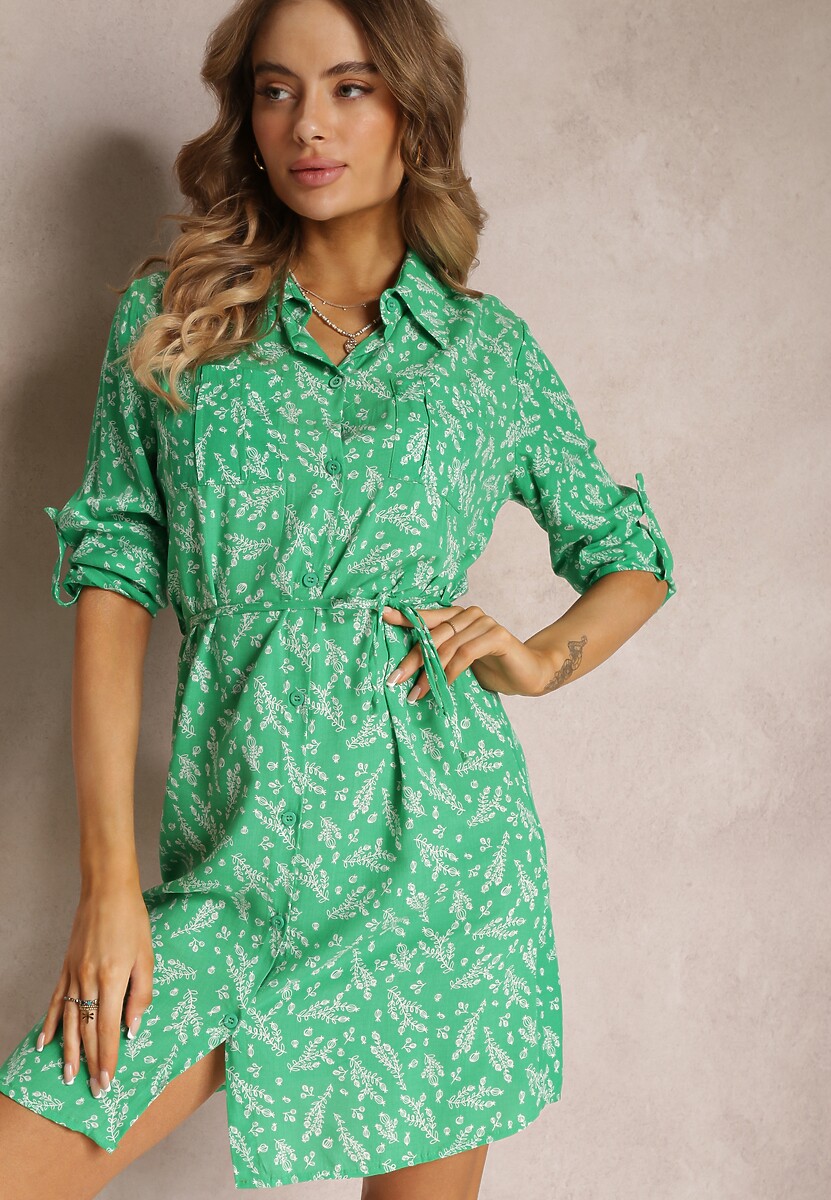 Zielona Sukienka Mini o Koszulowym Fasonie z Wiskozy Arintha