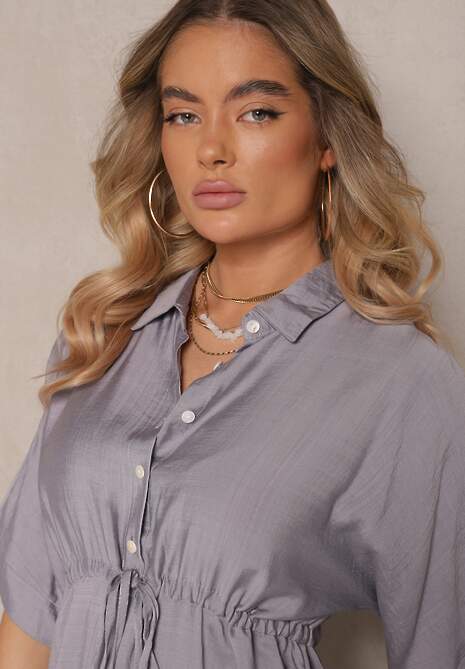 Szara Wiskozowa Sukienka o Koszulowym Kroju z Wiązaniem w Talii Nanovias