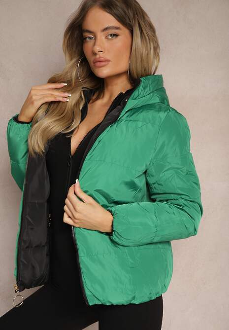 Czarno-Zielona Pikowana Kurtka Dwustronna z Kapturem Ozdobiona Suwakami Nevetila