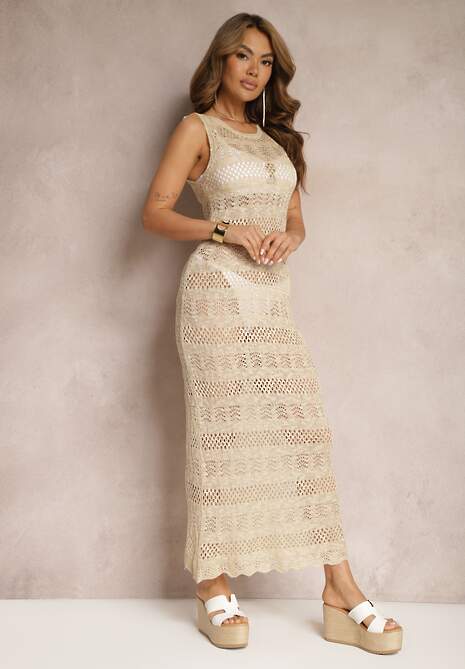 Beżowa Koronkowa Sukienka o Dopasowanym Kroju Ozdobiona Metaliczną Nitką Xinesa