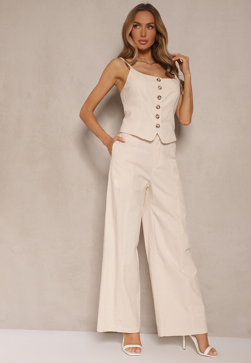 Beżowy Elegancki Komplet Top z Guzikami i Szerokie Spodnie z Wiskozy i Bawełny Divianne