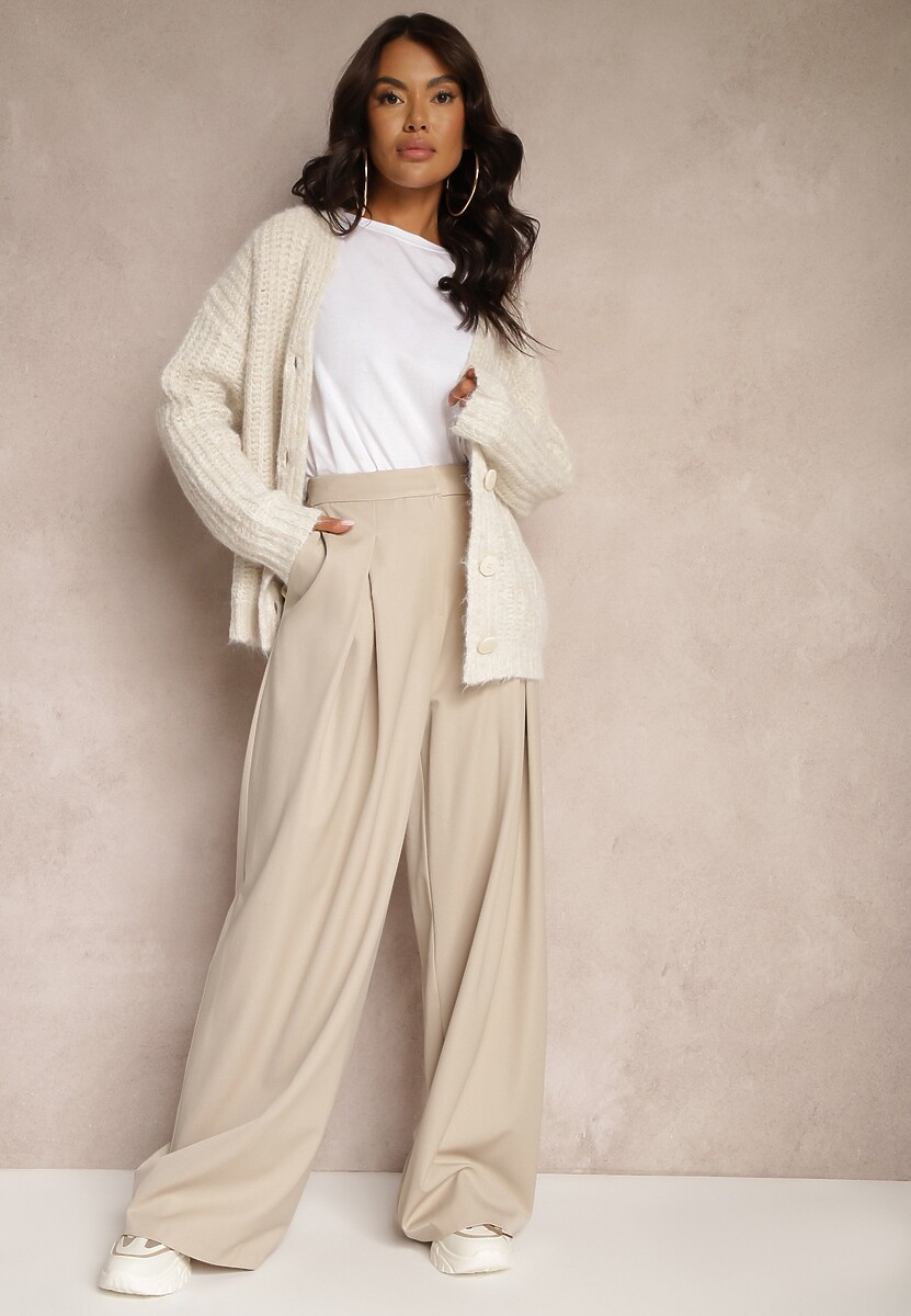 Ciemnoszare Szerokie Spodnie z Wiskozą o Garniturowym Kroju z Zakładkami i Kieszeniami Lobine