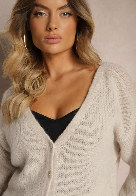 Beżowy Casualowy Kardigan z Moherem i Wełną Zapinany na Guziki Heslina