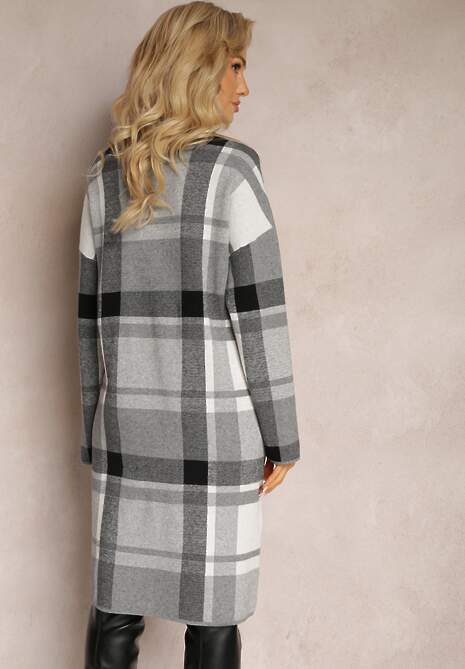 Szara Dzianinowa Sukienka Midi Ozdobiona Wzorem w Kratę Bimara