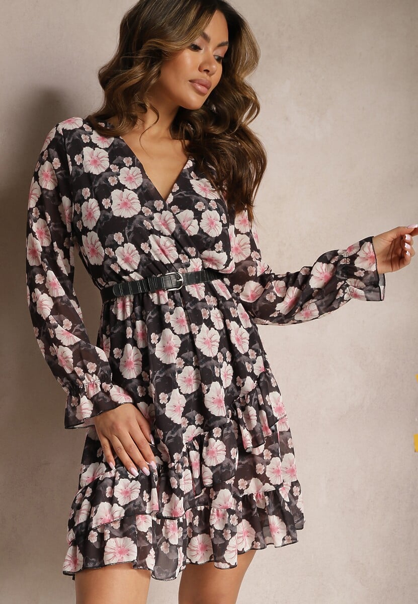 Niebieska Krótka Sukienka w Kwiatowy Wzór z Dekoltem V Icarba