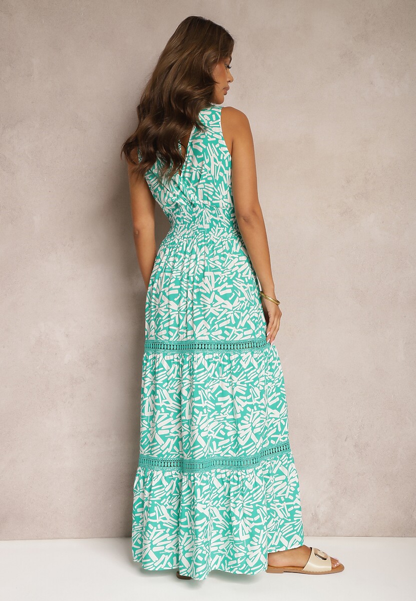 Zielona Taliowana Sukienka z Bawełny na Ramiączkach z Gumką w Pasie Yalnena