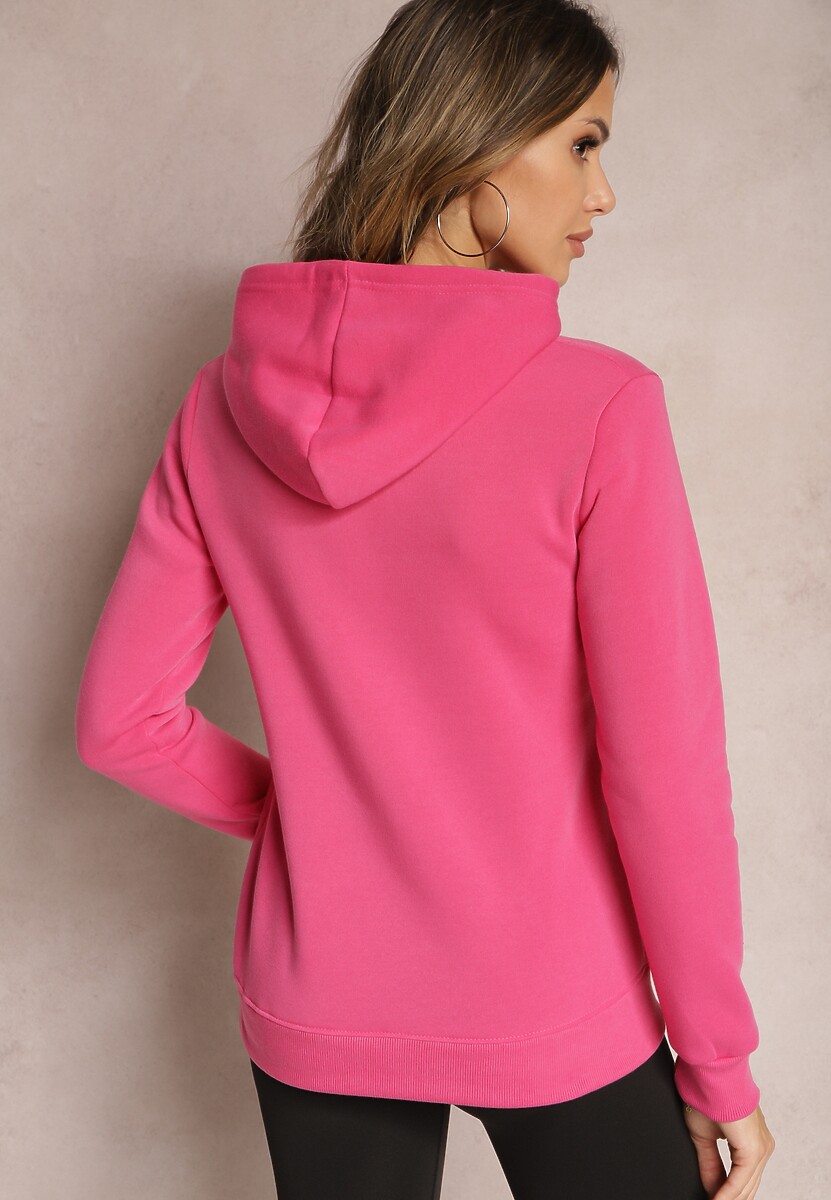 Różowa Bluza Kangurka Ocieplona Polarem z Ozdobnym Nadrukiem Elili