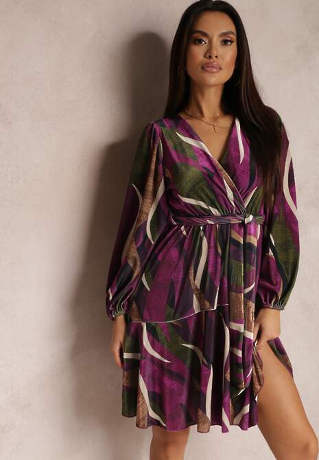 Fioletowa Welurowa Sukienka z Kopertowym Dekoltem i Wiązanym Paskiem Rarle