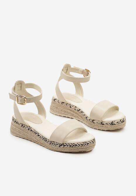 Beżowe Sandały z Ekoskóry na Grubej Plecionej Podeszwie Zapinane na Sprzączkę Uvionna