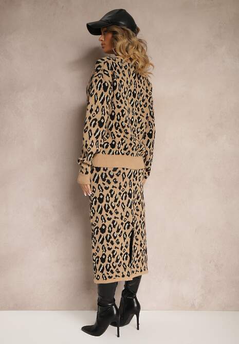 Beżowy Panterkowy Komplet z Wiskozą Spódnica o Dopasowanym Kroju i Góra ze Ściągaczami Senathia