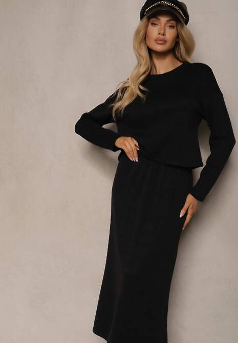 Czarny Dzianinowy Komplet z Wiskozą Bluzka i Spódnica Ozdobiona Rozcięciem Ilirina