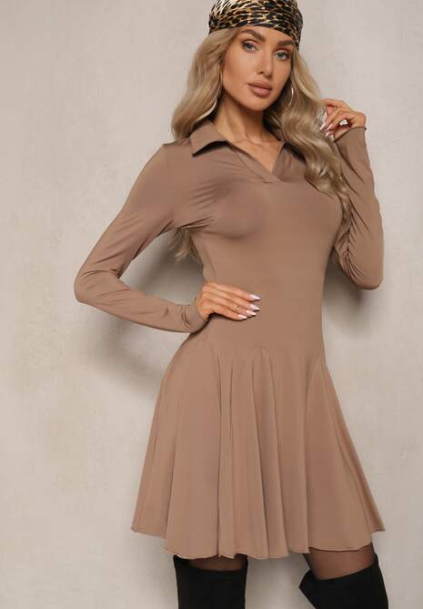 Ciemnobeżowa Sukienka z Wiskozą o Rozkloszowanym Kroju z Kołnierzykiem Ettoria