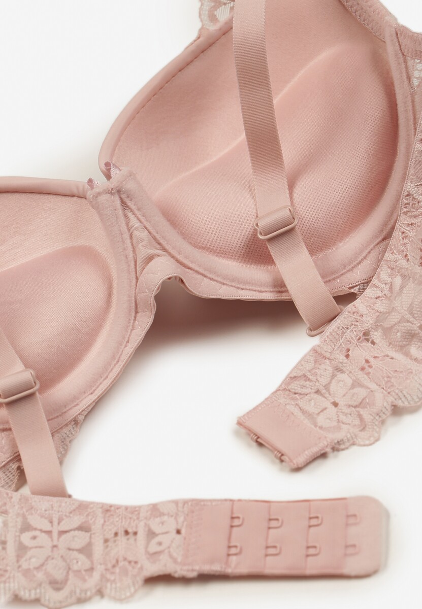 Jasnoróżowy Biustonosz z Efektem Push Up Ozdobiony Koronką Ivmeria