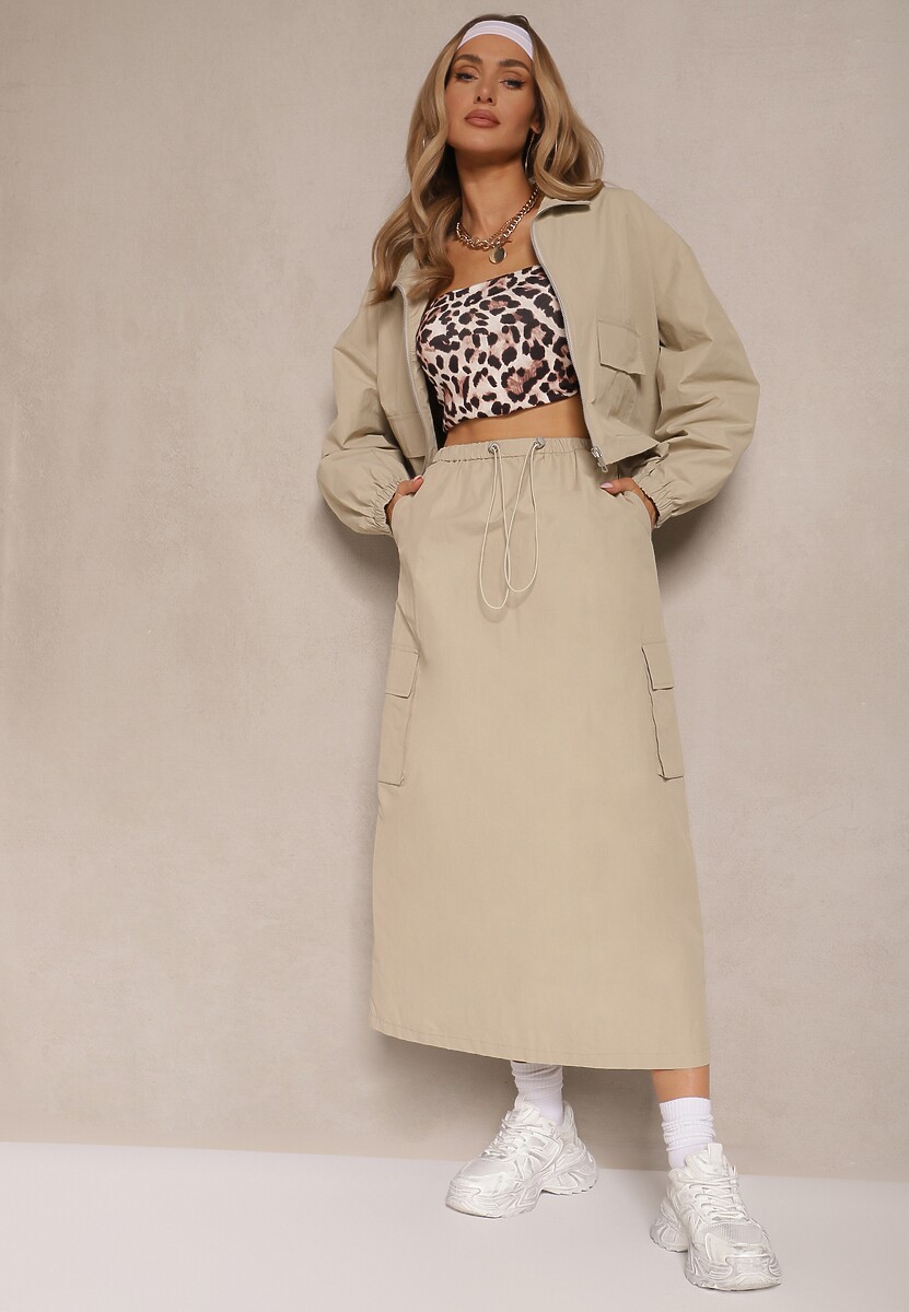 Jasnobeżowy Komplet z Bawełną Spódnica i Rozpinana Bluza Evorea