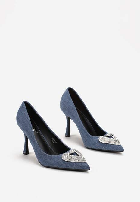 Niebieskie Szpilki z Klamrą z Cyrkoniami w Kształcie Serca Ratina