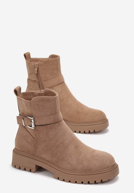 Brązowe Płaskie Botki na Grubej Podeszwie z Klamerką na Cholewce i Zamkiem Błyskawicznym Layliee