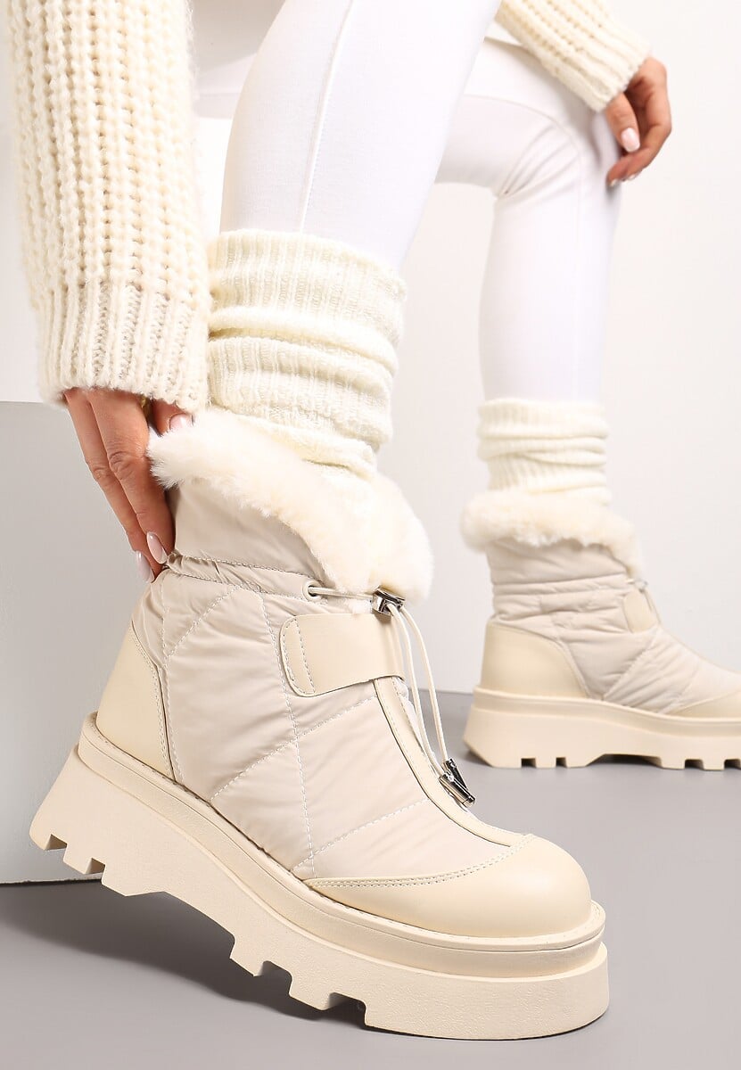 Beżowe Śniegowce z Futerkiem na Grubej Podeszwie ze Ściągaczem Azelma