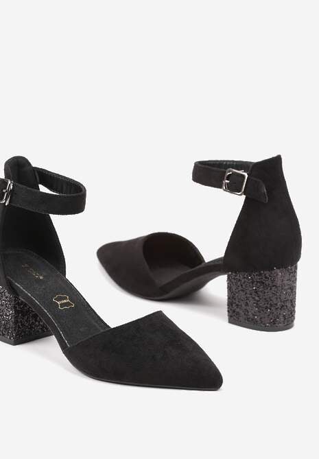 Czarne Czółenka Vices na Brokatowym Słupku ze Skórzaną Wkładką Ozdobione Brokatem Leanelith